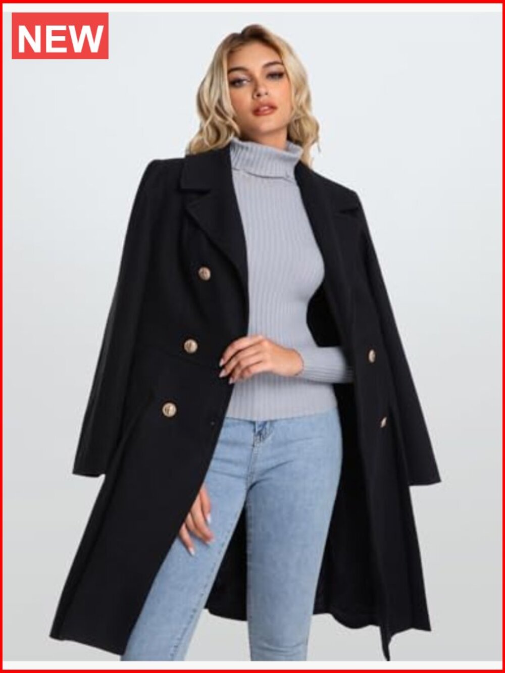 Double Breasted Lapel Trench Coat with Pockets A-Line - Picture 5 of 7